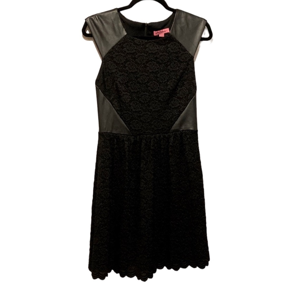 Vintage Betsey Johnson Faux Leather and Lace Sleeveless Black Punk Dress